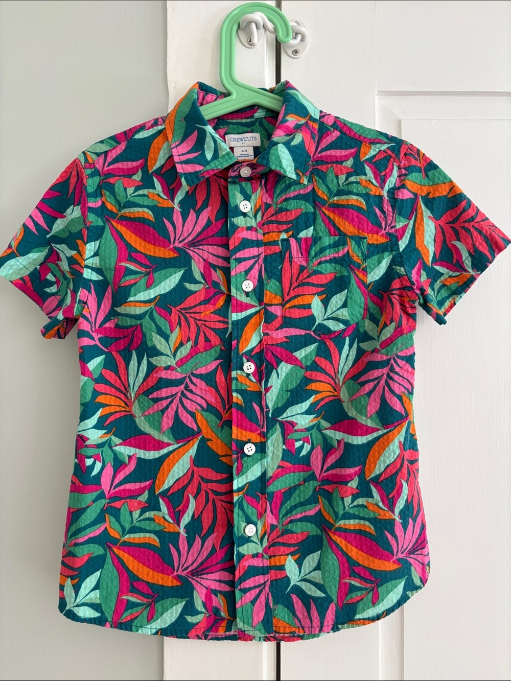 Crewcuts Boys Short-Sleeve Button Down Shirt in Teal, Pink & Orange Leaf Print